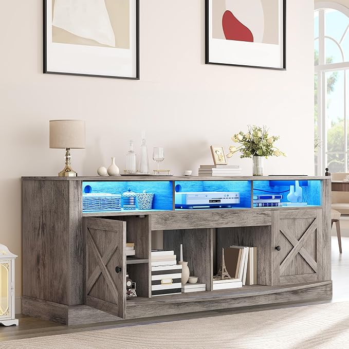 YITAHOME TV Stand for 75/80 Inch TV, Light Rustic Grey Entertainment Center 70 Inches Wide, Media Furniture TV Table with with Power Outlet, TV Consoles for Living Room, Curved Desktop