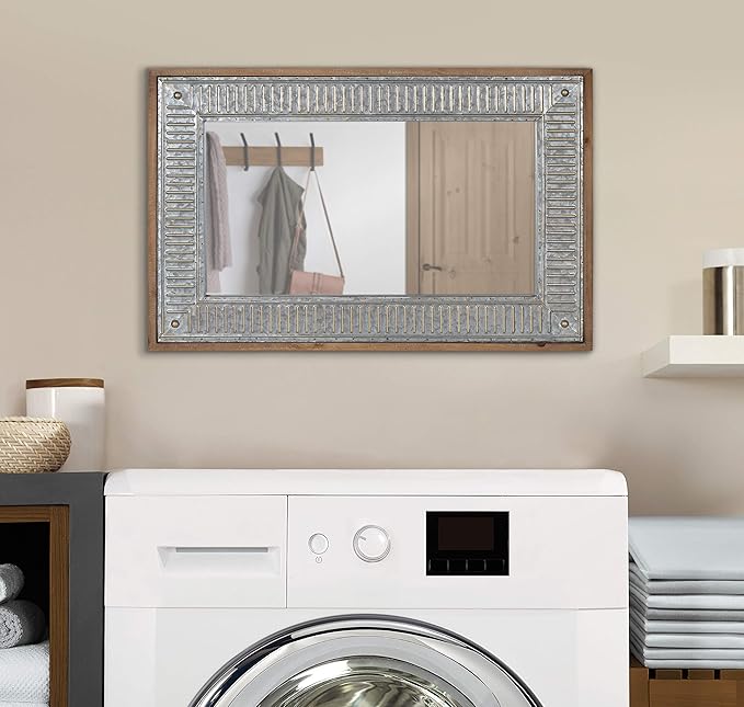 Kate and Laurel Deely Farmhouse Wall Mirror, 20 x 30, Rustic Brown and Silver, Rustic Wall Decor with Galvanized Metal Frame