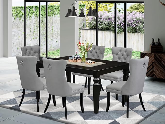 East West Furniture LGDA7-BLK-27 7 Piece Dining Table Set Contains a Rectangle Kitchen Table with Butterfly Leaf and 6 Polyester Fabric Upholstered Chairs, 42x84 Inch, Black