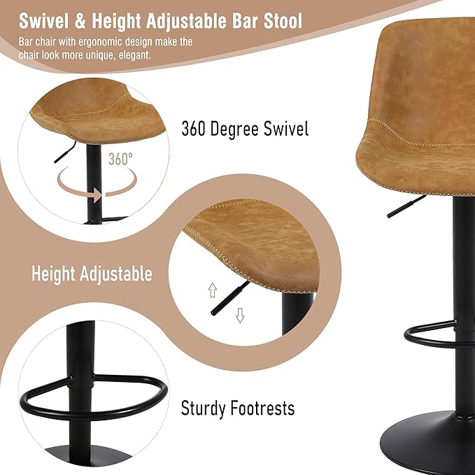 Bar Stools, Swivel Counter Height Barstools with Back, Adjustable Modern Bar Chairs, Tall Armless PU Leather Kitchen Island Stool (Yellow, Set of 2)