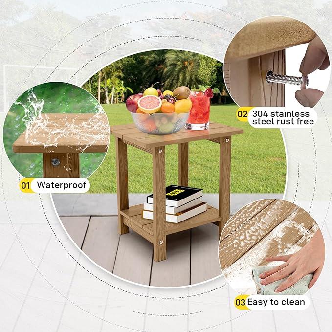 Melucivi Weather Resistant Outdoor Side Table, Double Small Adirondack Side Table for Adirondack Chair - Indoor Outdoor End Table, Patio Table for Pool, Deck and Porch (Brown)