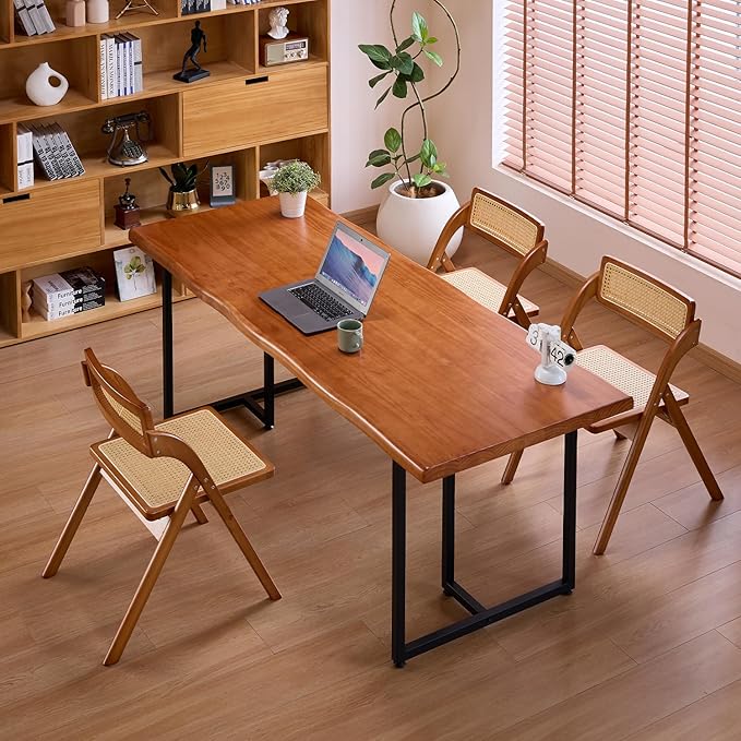 Solid Wood Administrative Desk, Dining Table with Durable Metal Legs, Uniquely Designed Leisure Table, Perfect for Restaurants and Home Offices, (Wood Brown, 70.87in)