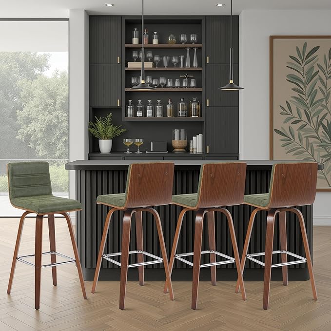 Vienna Modern Swivel Bar Height Stool with Vintage Green Upholstered Seat and Walnut Finished Wood Frame Set of 4