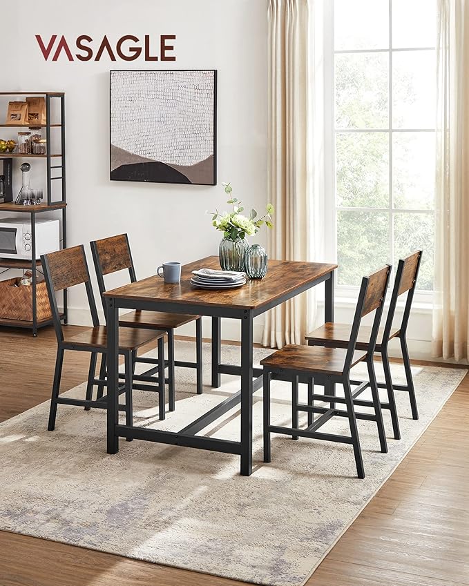VASAGLE Dining Chair Set of 6, Wood Kitchen Chairs with Metal Steel Frame, Easy to Assemble, Comfortable Seat, Modern Farmhouse Chair for Kitchen, Bedroom, Living Room, Rustic Brown and Ink Black