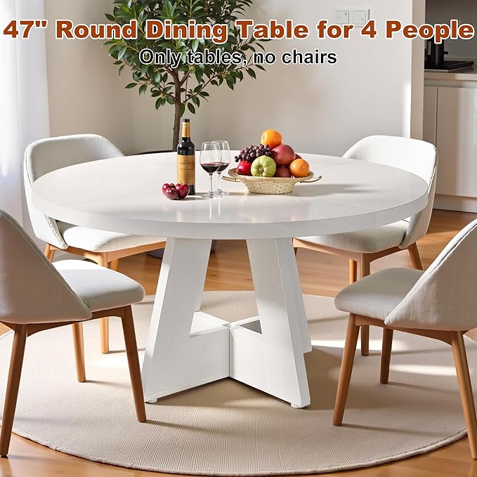 Round Dining Table for 4, 47 Inch Dinner Table Farmhouse Wooden Circle Kitchen Tables with Cross Base for Dining Room, Kitchen, Living Room, White