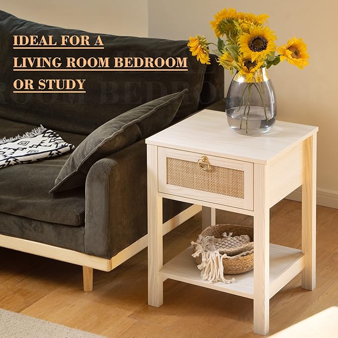 SICOTAS White Nightstand Set of 2,Rattan Decor Drawer with Brass Knobs Night Stand Wood Bedside Table Boho End Tables Side Tables with Storage Shelf