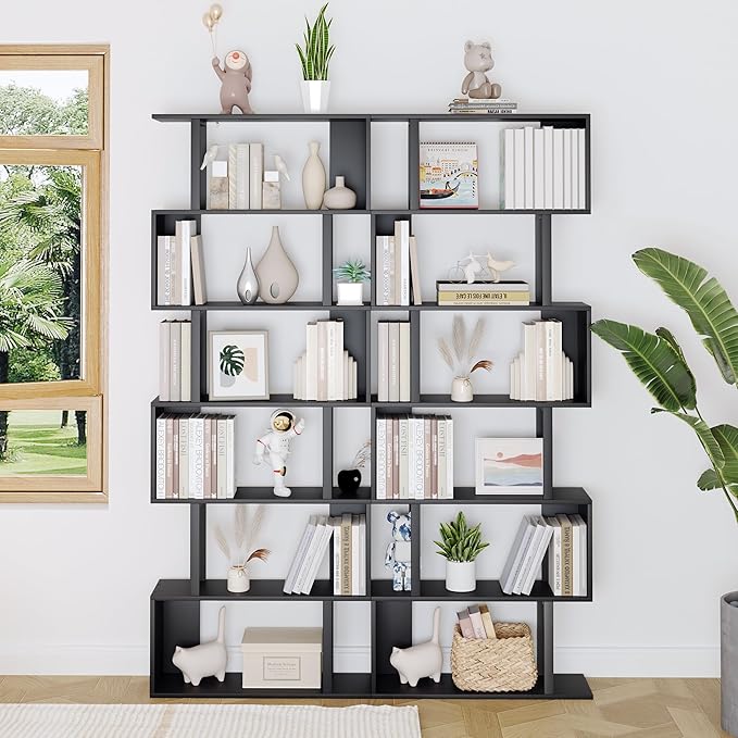 Yusong S Shaped Bookshelf, Modern Geometric Bookcase, 6-Tier Black Display Case Book Shelf
