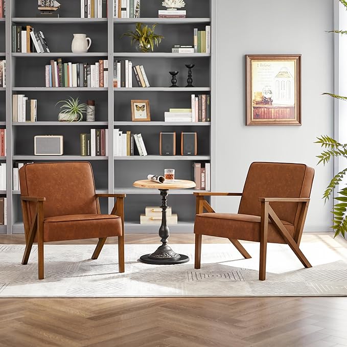 Yaheetech Accent Chair, Armchair with Strong Wood Frame, PU Leather Modern Retro Lounge Chair for Living Room/Lounge/Office/Reception Area, 2 Pieces, Light Brown