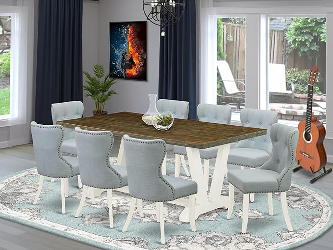 East West Furniture V077SI215-9 9 Piece Kitchen Table Set Includes a Rectangle Dining Table with V-Legs and 8 Baby Blue Linen Fabric Parsons Dining Chairs, 40x72 Inch, Multi-Color
