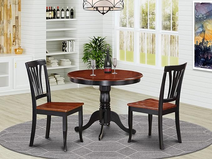 East West Furniture ANAV3-BLK-W 3 Piece Kitchen Table Set for Small Spaces Contains a Round Dining Table with Pedestal and 2 Dining Room Chairs, 36x36 Inch, Black & Cherry