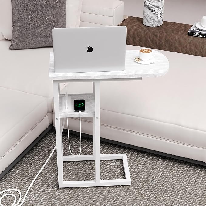 C Table End Table with Charging Station, Couch C Shaped Side Table for Living Room, Bedroom, Laptop Table with USB Ports and Type-C Port, Snack Tray Table for Couch