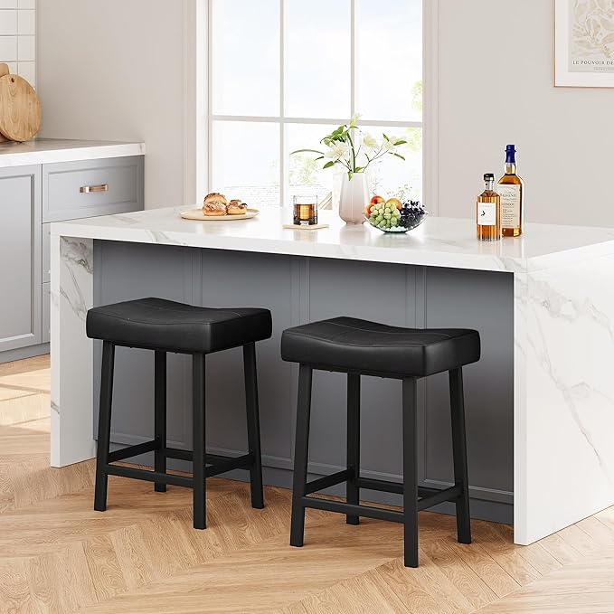GarveeHome Counter Height Bar Stools Set of 2, 24 Inch Barstools for Kitchen Island Counter, Upholstered Padded Saddle Chairs with Curved Cushion, Easy Assembly, Black