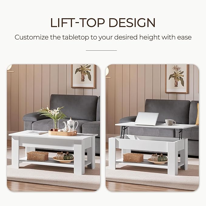 Yaheetech Lift Top Coffee Table w/Hidden Storage Compartment and Storage Shelf - Lift Tabletop for Living Room Reception Room, White