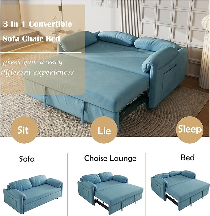 ERYE 3 in 1 Loveseat Sofa Convertible Sleeper Sofabed,Functional Recliner Daybed Love Seat Sofa&Couch W/Pull Out Couch Bed, Reclining Backrest and Pillows Armrests for Office Apartment RV Living Room