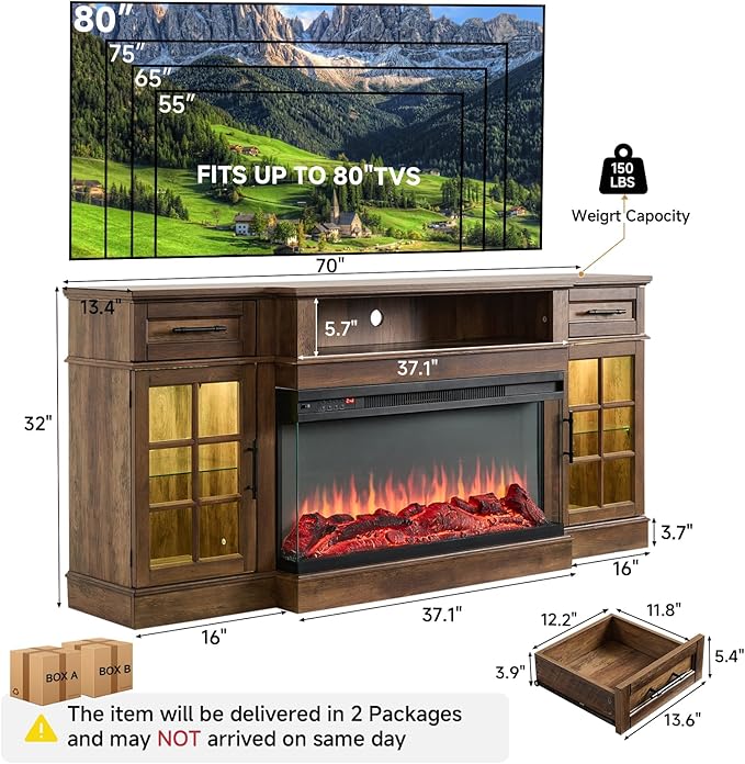 ROCKPOINT 3 Sided Glass 70" Fireplace TV Stand for TVs up to 80",Entertainment Center with Drawers and Glass Door Storage Cabinet for Living Room,36"Electric Fireplace & Adjustable LED Light ,Espresso