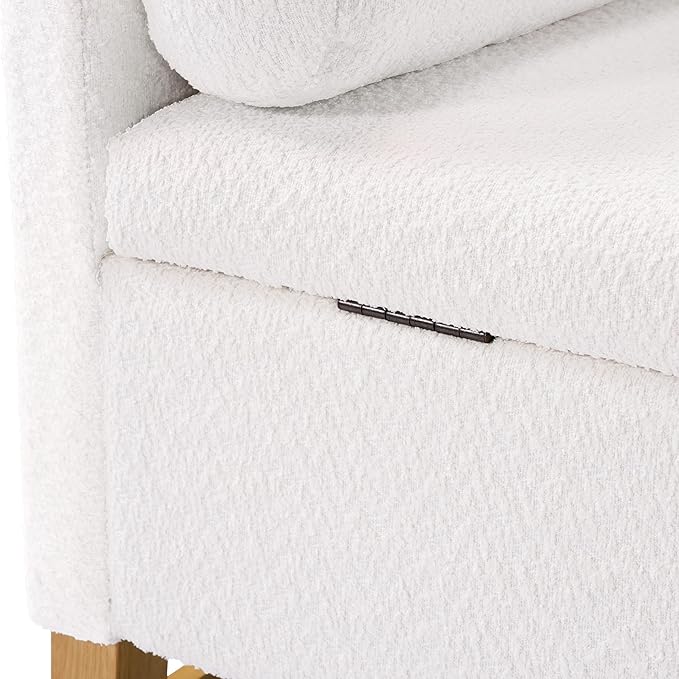 Merax Boucle Upholstered Storage Ottoman Bench 50.8" End of Bed Bench with 2 Round Pillows & Solid Wood Legs, Ample Hidden Storage Space, for Entryway Bedroom, Ivory