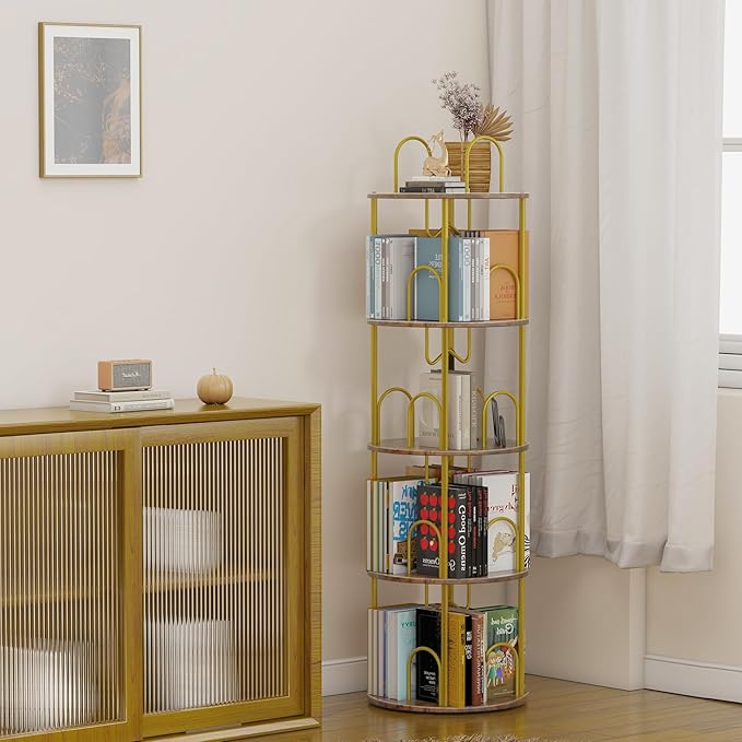 4 Tier Rotating Bookshelf, 360° Spinning Bookshelf Tower, Round Narrow Space Saving for Books and Display, Revolving Bookcase Corner Tall Book Shelf for Small Spaces, Bedroom, Living Room, Gold