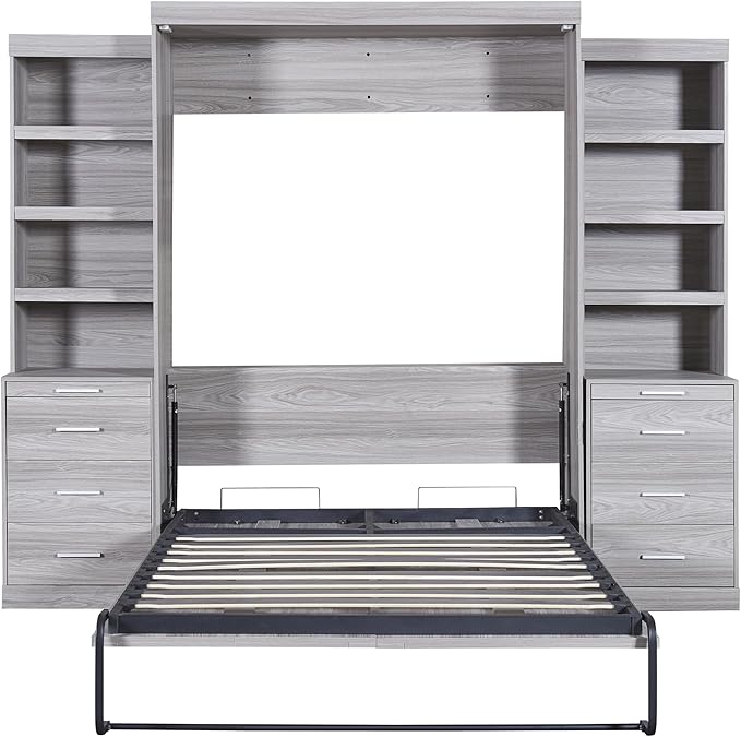 Full Size Murphy Bed with Storage Shelves and Drawers,Easy Fold Wood Wall Bed, Space-Saving Murphy Bed Cabinet for Guest Room Home Office,Gray