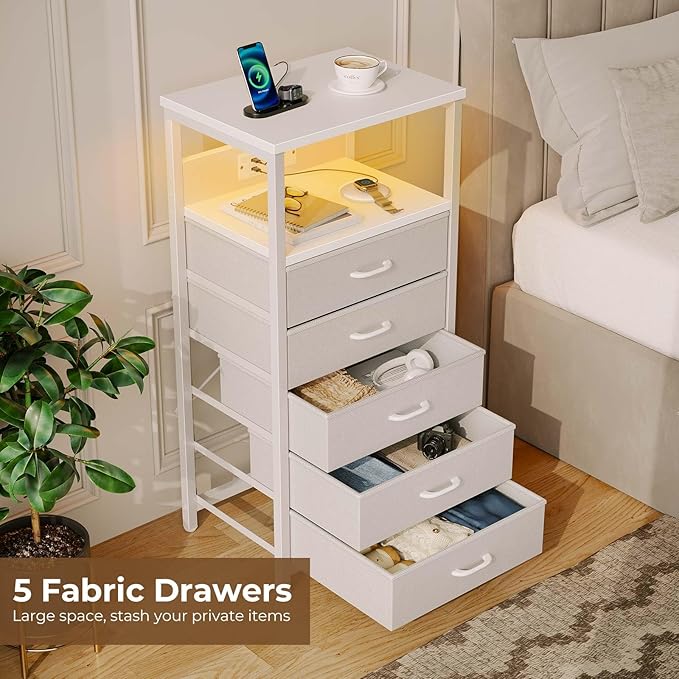 Seventable Night Stand with Charging Station, Tall Nightstand with 5 Fabric Storage Drawers, Side Table with LED Light for Bedroom, Entryway, White, Set of 2
