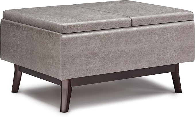 SIMPLIHOME Owen 34 inch Wide Mid Century Modern Rectangle Tray Top Small Coffee Table Storage Ottoman in Distressed Grey Vegan Faux Leather, Assembled, For the Living Room, Entryway and Family Room