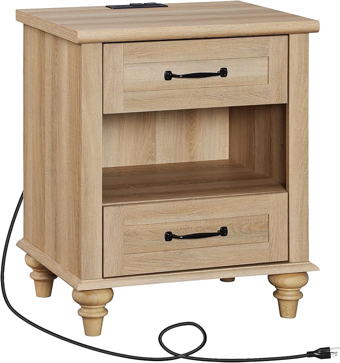 WAMPAT Oak Night Stand with 2 Drawers, Wooden Sofa Side Table with Charging Station, Farmhouse End Table for Living Room, Retro Nightstand Bedside Table for Bedroom