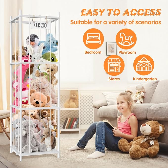 Stuffed Animal Storage, 54 inch Large Plushy Organizers, Wood Stuffed Animal Zoo Storage, Space Save Vertical Stuffed Animals Holder Holds 50+ Stuffed Animals for Nursery Playroom Bedroom (White)