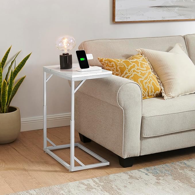 C-Shaped End Table, Small Sofa Table with Metal Frame, Adjustable Height Side Table for Couch, Living Room, Bedroom, Bedside (Silver, Medium)