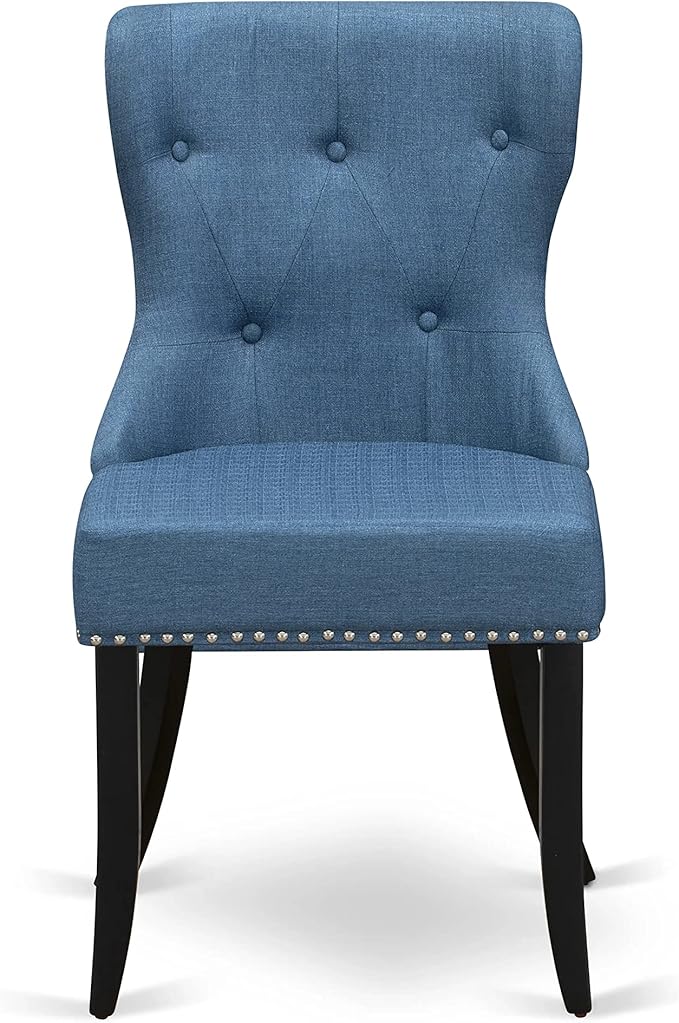 East West Furniture AMSI3-BCH-21 3 Piece Dinette Set for Small Spaces Contains a Round Kitchen Table with Pedestal and 2 Blue Linen Fabric Parson Dining Chairs, 36x36 Inch, Black & Cherry