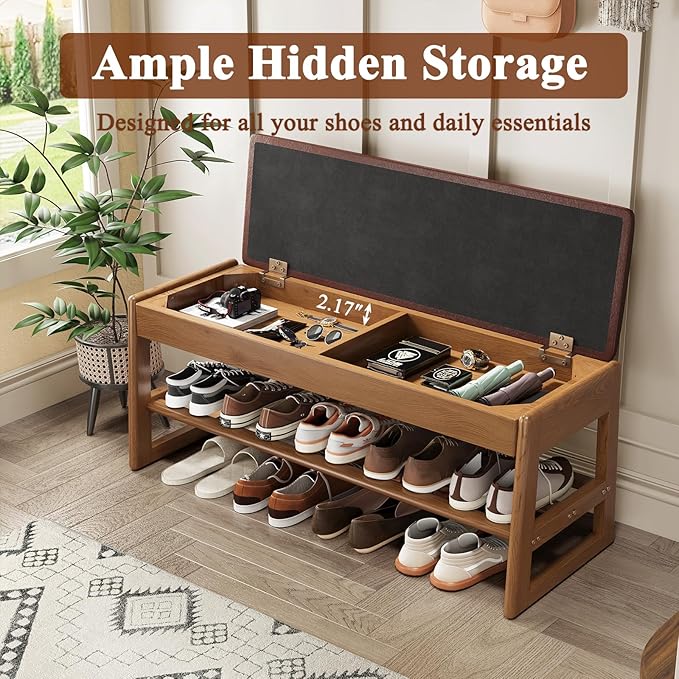 Shoe Rack Bench Seat Rubberwood 2-Tier Wooden Storage Bench 550lbs Compact Mid-Century Modern Design for Entryway, Hallway, Closet, Front Door Entrance, Foyer