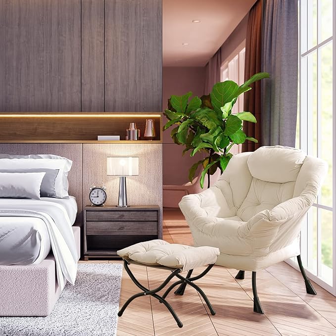 LITA Lazy Chair with Ottoman, Accent Contemporary Lounge Single Leisure Upholstered Sofa Set Armrests and a Side Pocket, Reading for Living Room & Bedroom, Beige 10.6D x 28.3W x 36.6H in