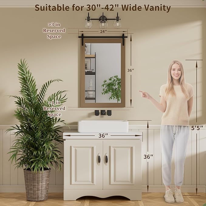 Farmhouse Wall Mirror, Rustic Wood Frame Bathroom Mirror Barn Door Inspired Decorative Vanity Dress Mirrors for Living Room Entryway, 24x36 INCH Brown