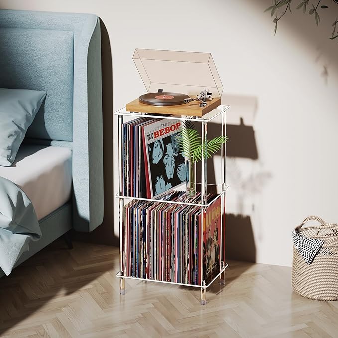 Acrylic Record Player Stand, 3-Tier Clear Turntable Table with Vinyl Record Storage, 15.75" L x 11.81" W x 30.7" H, Modern Side Table/End Table