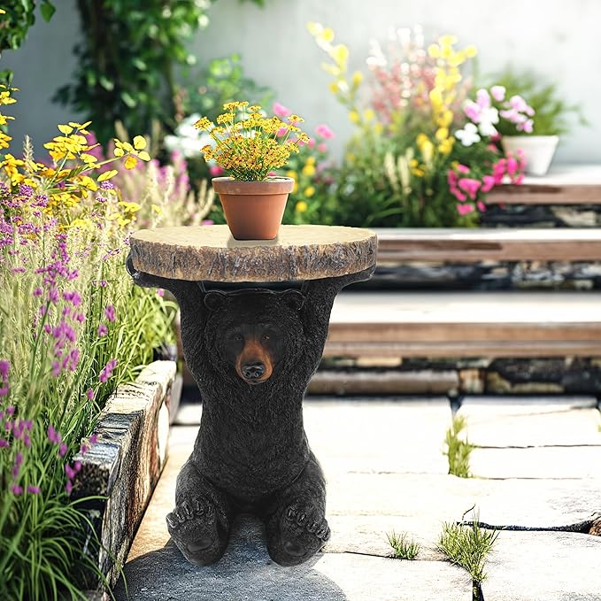 American Black Bear Side Table Pedestal End Table Stool Resin Bear Statue Hand Painted Sculpture Home Office Living Room Decor