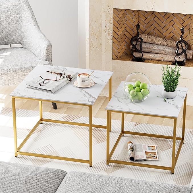 Garden 4 you Coffee Table Set of 2, Modern Engineered Wood Nesting Table, Metal Frame Square Center Table Set, Side Tables, Nesting Coffee Table for Living Room, Bedroom and Small Spaces, 23.6in Gold