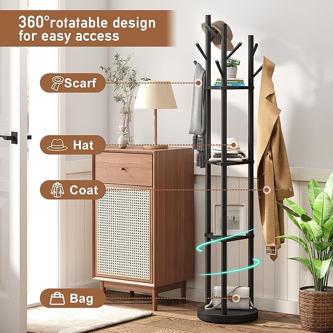 FILWH Bamboo Coat Rack Rotary Freestanding with Shelf Coat Tree Stand for Hallway Entryway with 9 Hooks and 3 Storage Shelves (Black)