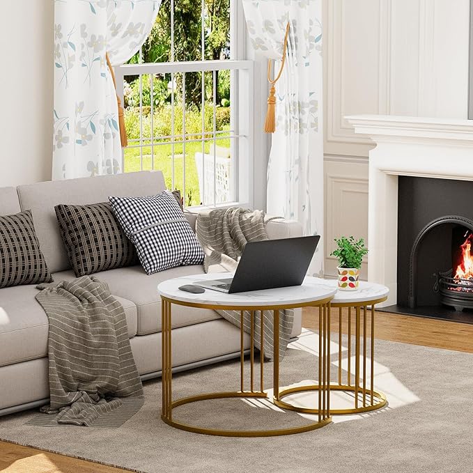 Garden 4 you Coffee Table Faux Marble Nesting Table for Small Place 2 Sets Modern Furniture Living Room Sets End Side Table Night Stand for Bed Room Dining Room (White & Gold)