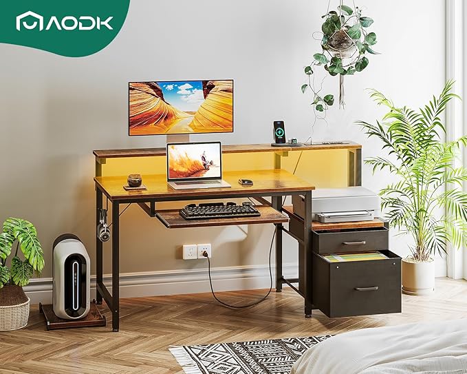 AODK Computer Desk with Drawers and Keyboard Tray, 48" Office Desk with Power Outlet and LED Lights, Reversible Study Work Desk with Printer Shelf and PC Stand for Home Office, Vintage