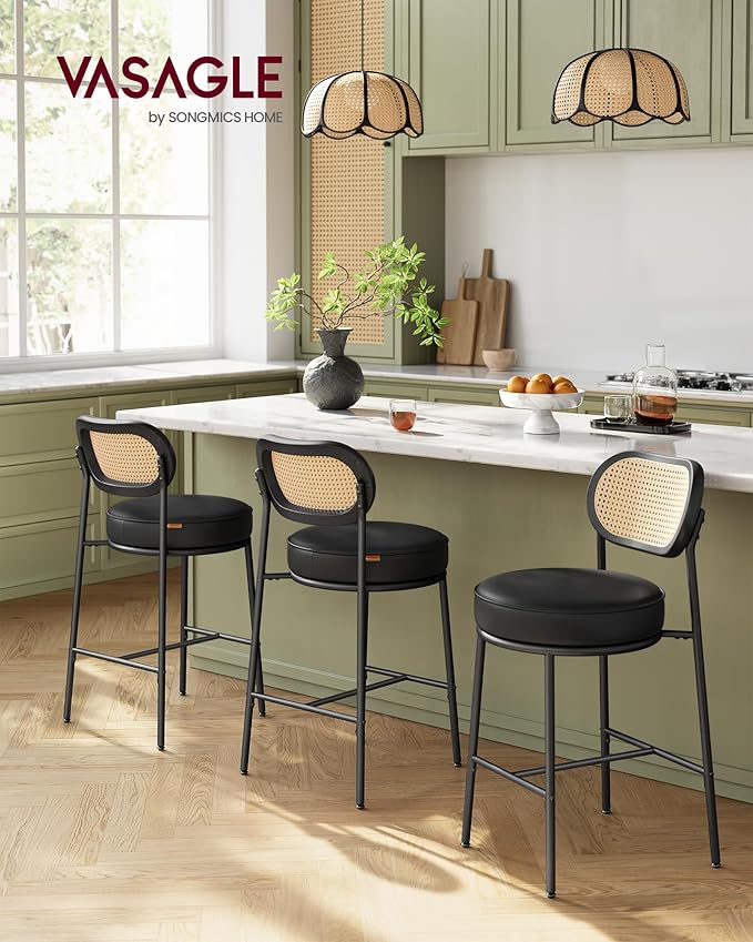 VASAGLE Bar Stools Set of 2, Bar Height Stools with Rattan Back and Metal Legs, 25.1-Inch Tall Counter Chairs, Modern Leather Upholstered Barstools for Kitchen Island Dining Room, Ink Black