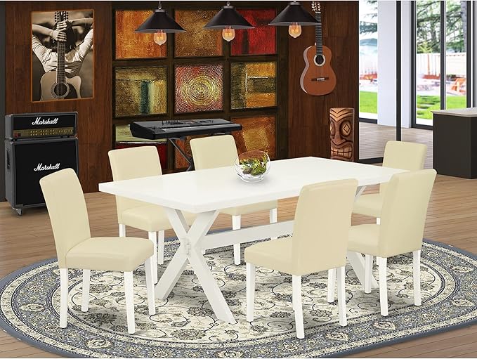 East West Furniture X027AB264-7 7 Piece Dining Set Consist of a Rectangle Dining Room Table with X-Legs and 6 White Faux Leather Upholstered Parson Chairs, 40x72 Inch, Multi-Color