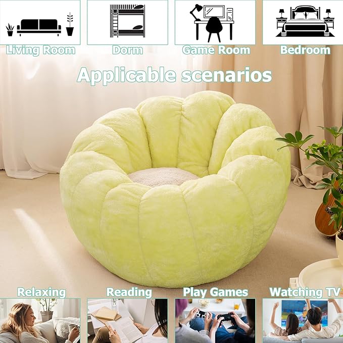 Pumpkin Bean Bag Sofa Chair, Bean Bag Chair with Filler for Teens, Kids, Toddler, Comfy and Lazy Sofa for Dorm, Apartment, Living Room and Bedroom, Grass Green