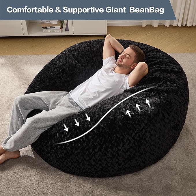 Hobestluk 5ft Bean Bag Chairs for Adults Large Beanbag Chair with Chevron Plush Fur Cover Big Bean Bag Chair for Living Room Bedroom Dorm Office - Black (50” x 50” x 24”)