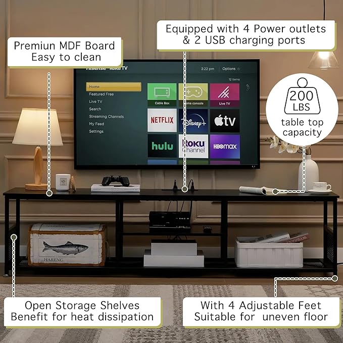 VECELO TV Stand with Power Outlets for Televisions up to 65Inch, 55" Media Entertainment Center with Charging Station 3-Tier Open Storage Shelves with Metal Frame for Living Room/Bedroom，Black