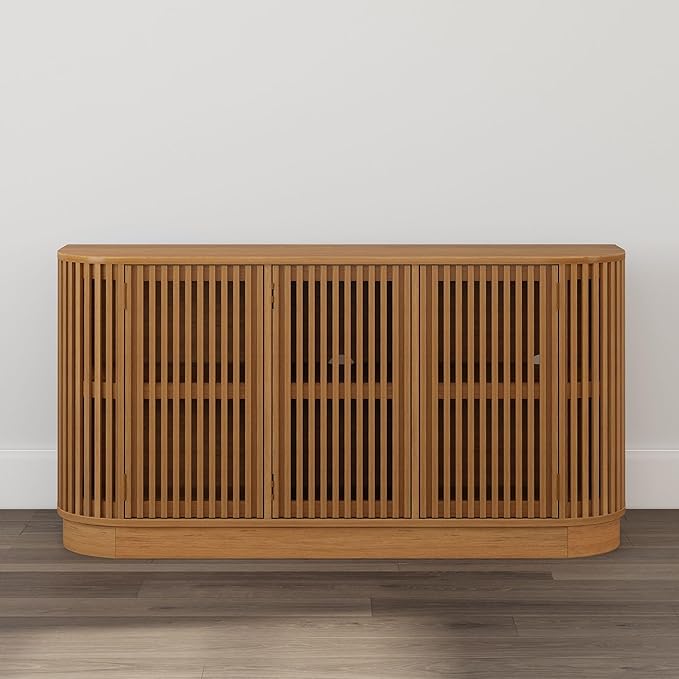 Plank+Beam Contour Wood TV Stand, Three Door Solid Wood Entertainment Console with Storage, 59" L x 16" W x 30" H, Pecan