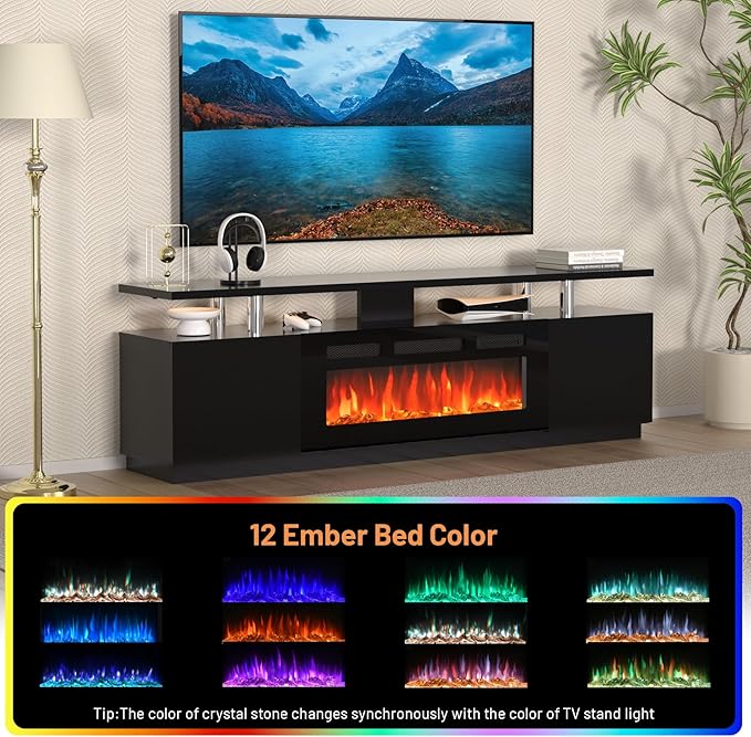 70'' Fireplace TV Stand with 36'' Firplace, Entertainment Center, 2 Tier TV Console Cabinet with Storage Cabinet, Electric Fireplace Heater with 12 Frame and LED Light Colors, Black