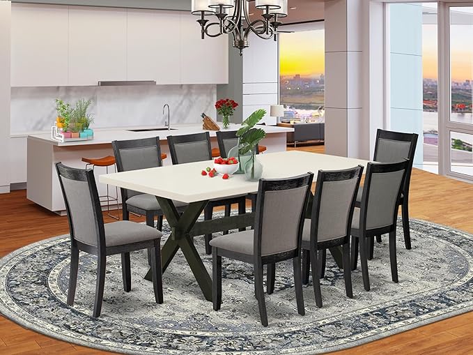 East West Furniture X627MZ650-9 9 Piece Dining Table Set Includes a Rectangle Dining Room Table with X-Legs and 8 Dark Gotham Grey Linen Fabric Parsons Chairs, 40x72 Inch, Multi-Color