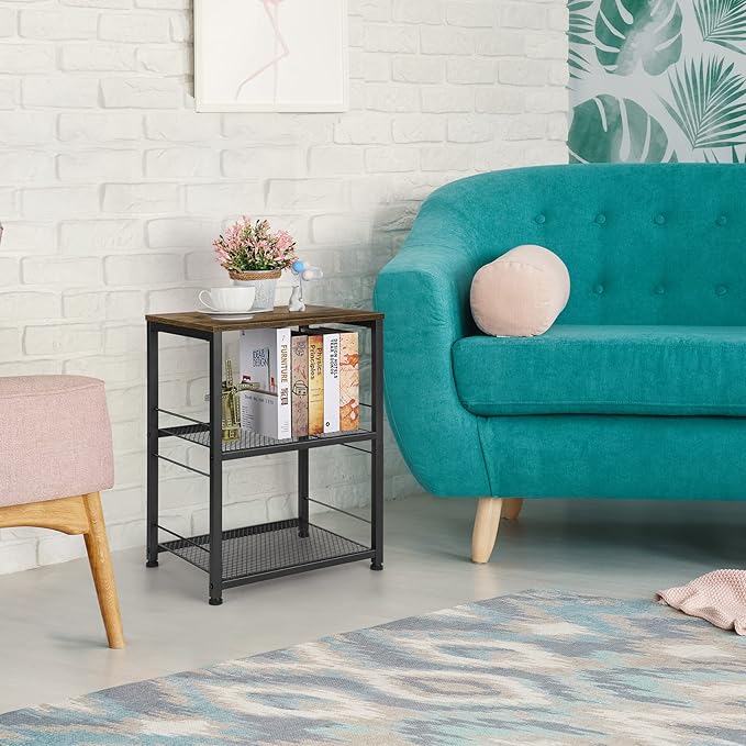 OYEAL Small Nightstand Industrial Square End Table with Storage Shelf Farmhouse Sofa Side Table for Small Spaces, Narrow Bedside Table for Living Room Bedroom, Stable Metal Frame, Rustic Brown