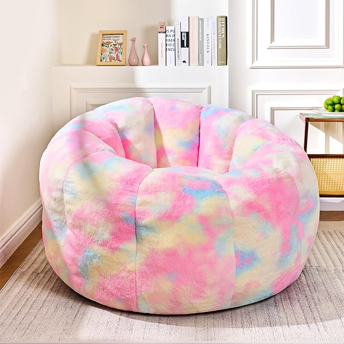 Giant Bean Bag Chair, Faux Fur Adult Chair with Petal Armrest Oversize Colorful Chair for Bedroom, Living Room, Dorm, Game - Rainbow, X-Large, High Support