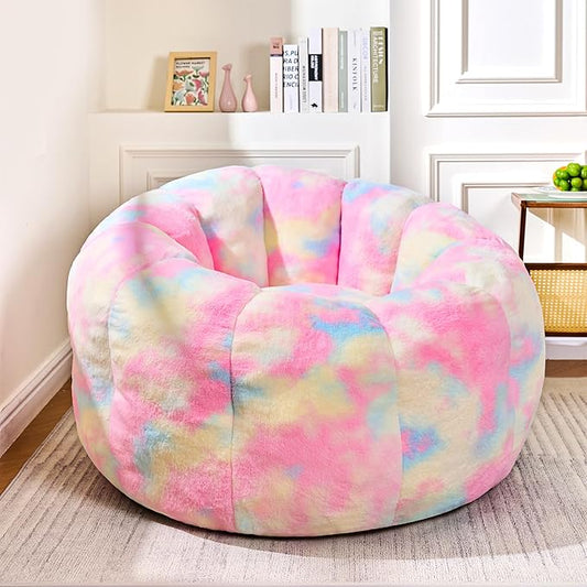 Giant Bean Bag Chair, Faux Fur Adult Chair with Petal Armrest Oversize Colorful Chair for Bedroom, Living Room, Dorm, Game - Rainbow, X-Large, High Support