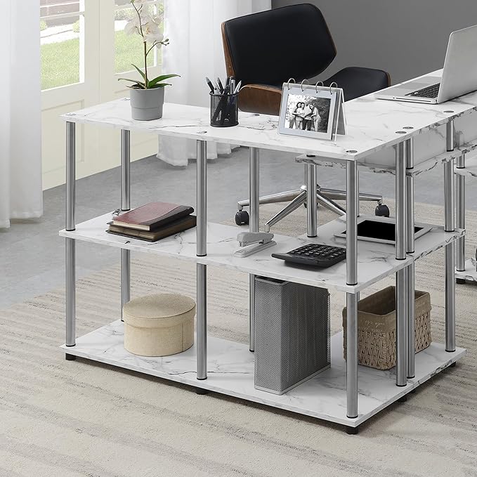 Convenience Concepts Designs2Go No Tools 3 Tier Wide Console Table 42" - Modern Accent with Shelves for TV Media Center, Office Desk Extension, Entryway Display, & Home Storage, White Faux Marble