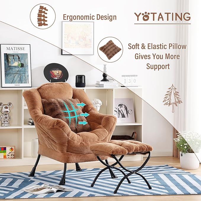 Lazy Chair with Ottoman, Comfy Reading Chair with Footstool & Throw Pillow Modern Lounge Accent Chair with Armrests & Side Pocket for Living Room, Bedroom, Dorm Room, Office, Plush Brown